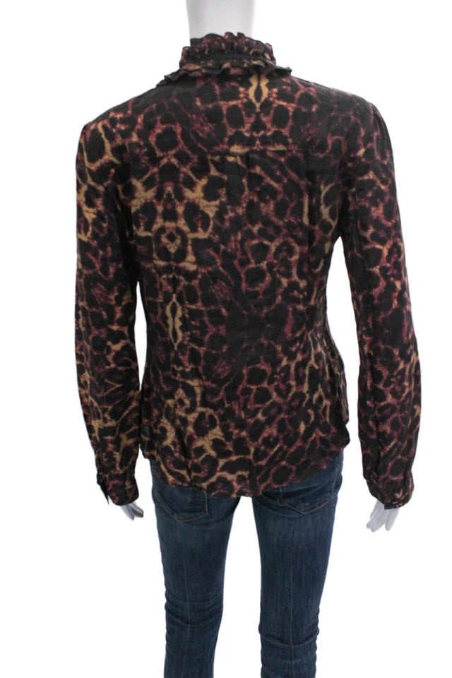 DONNA KARAN DKNY Jeans NY. Multi-Color Animal Print Collared Long Sleeve Blouse