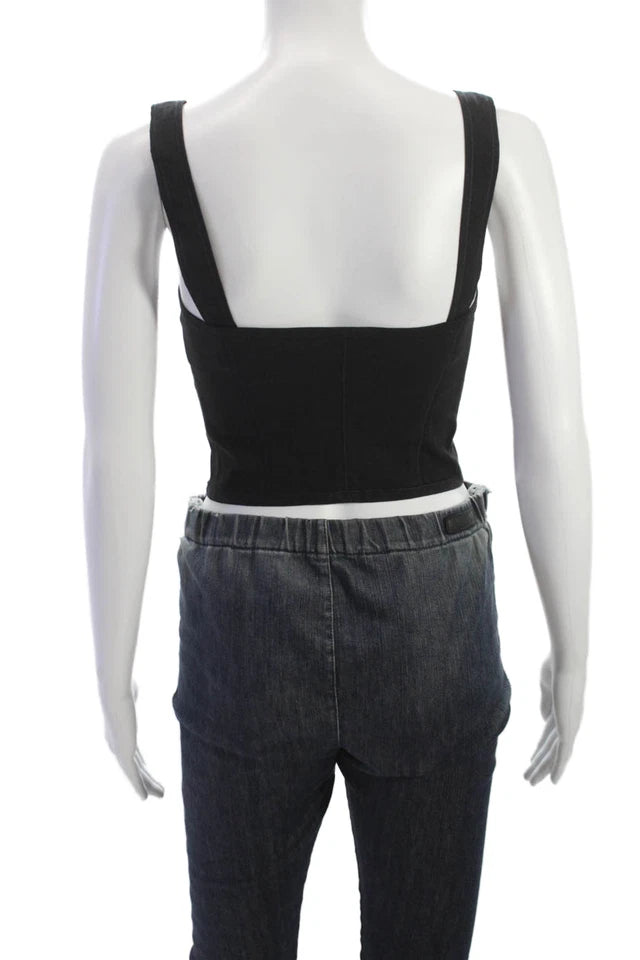 Isabel Marant Paris. Black Cotton Cropped Sleeveless Tank Sweetheart Top