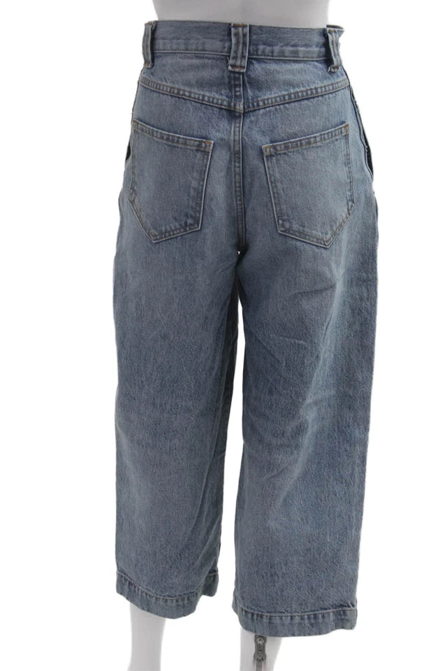 Khaite NY. Blue High Rise Button 100% Cotton Cropped Wide Leg Jeans