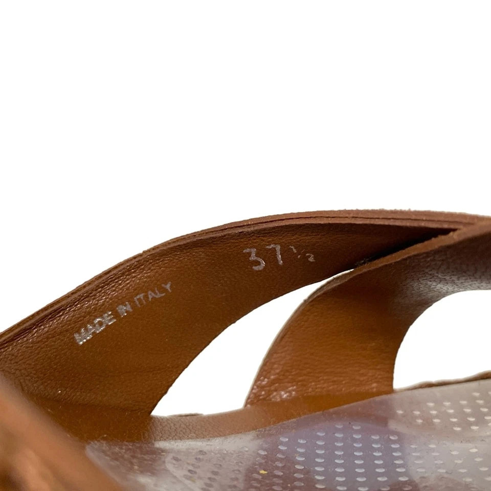 MIU MIU ITALY.  Dark Brown Light Brown Suede Leather Wood Platform Sandals SZ 37.5IT