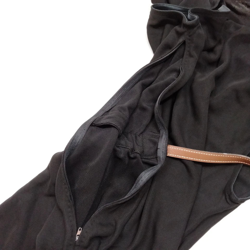 Hermes Paris. Black Rayon Dress with Sewn in Hermes Leather Belt