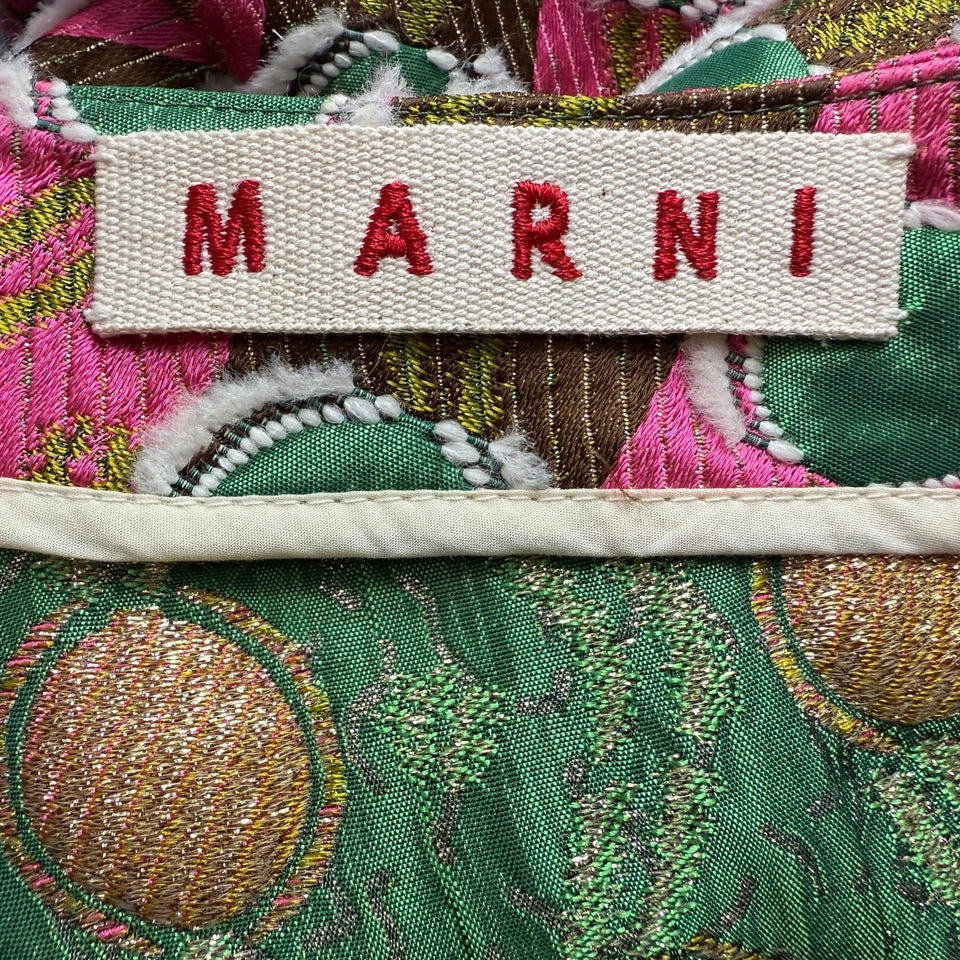 Marni Italy. Pink Green Jacquard Hemp Blend Tea length Pleated Skirt