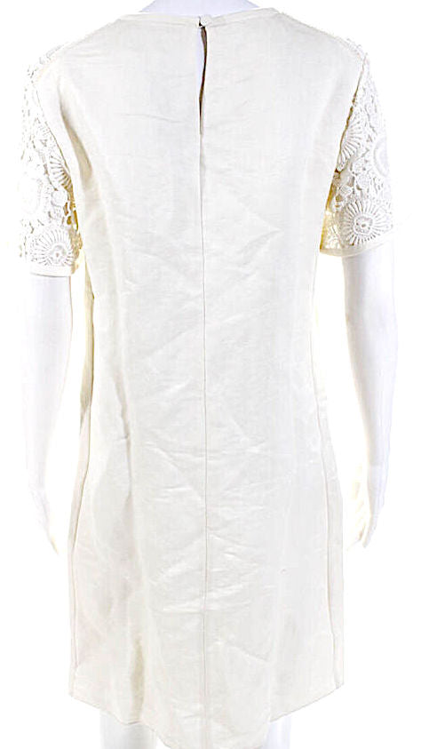 Chloe Paris. White Short Sleeve Crew Neck Lace Twill Shift Dress