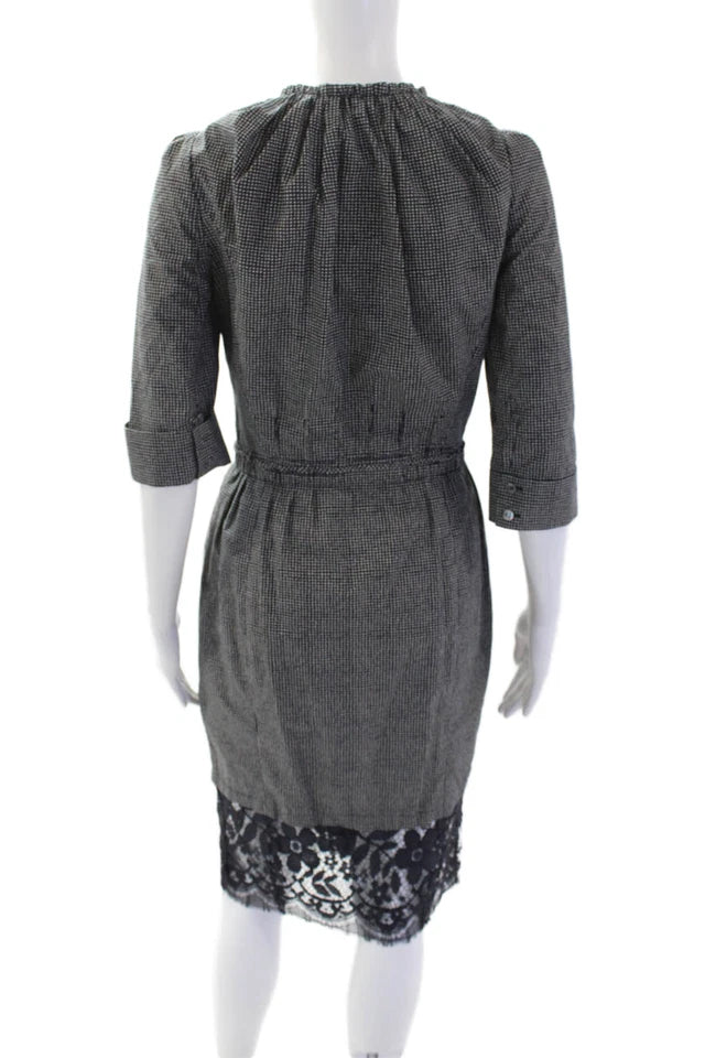 Nina Ricci Paris. Black Spotted Print V-Neck Knee Length Dress
