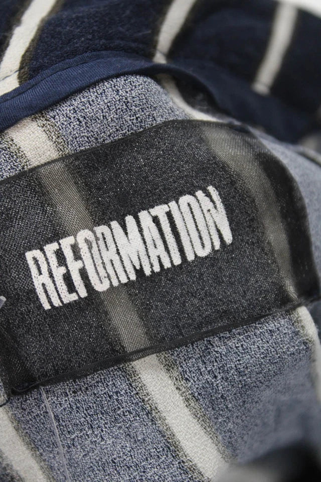 Reformation NY. Blue Striped PolyTech Fabric Zip Flat Front Straight Leg Pants