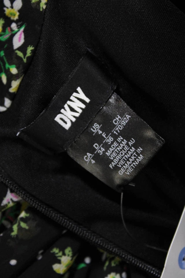 DONNA KARAN. DKNY Black Floral Print Tie Collar Short Sleeve Shift Dress Black