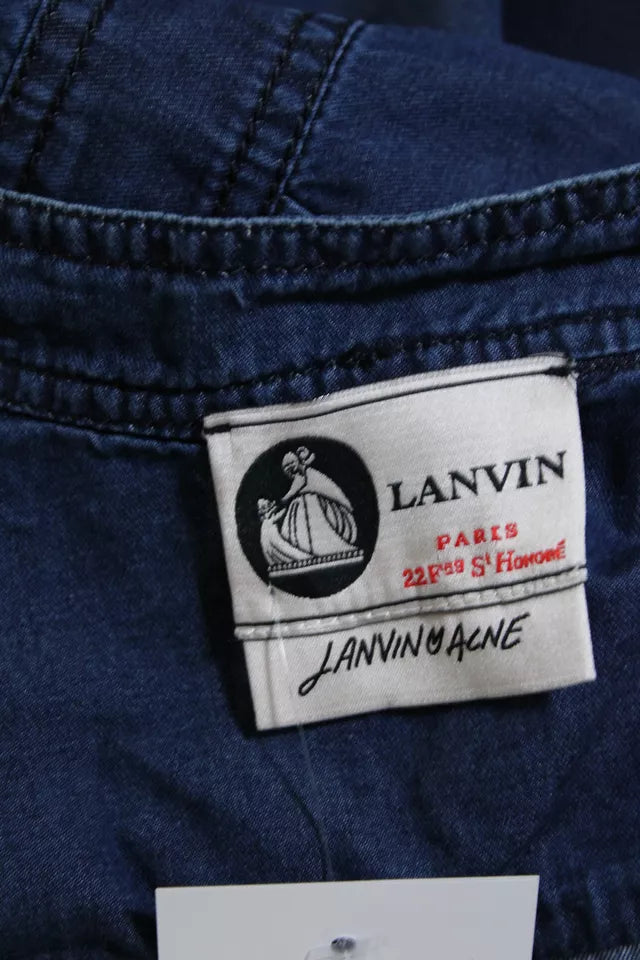 Lanvin Paris. Acne Studios Collab. Blue Cotton Chambray Crew Neck Short Sleeve Denim Shirt Dress