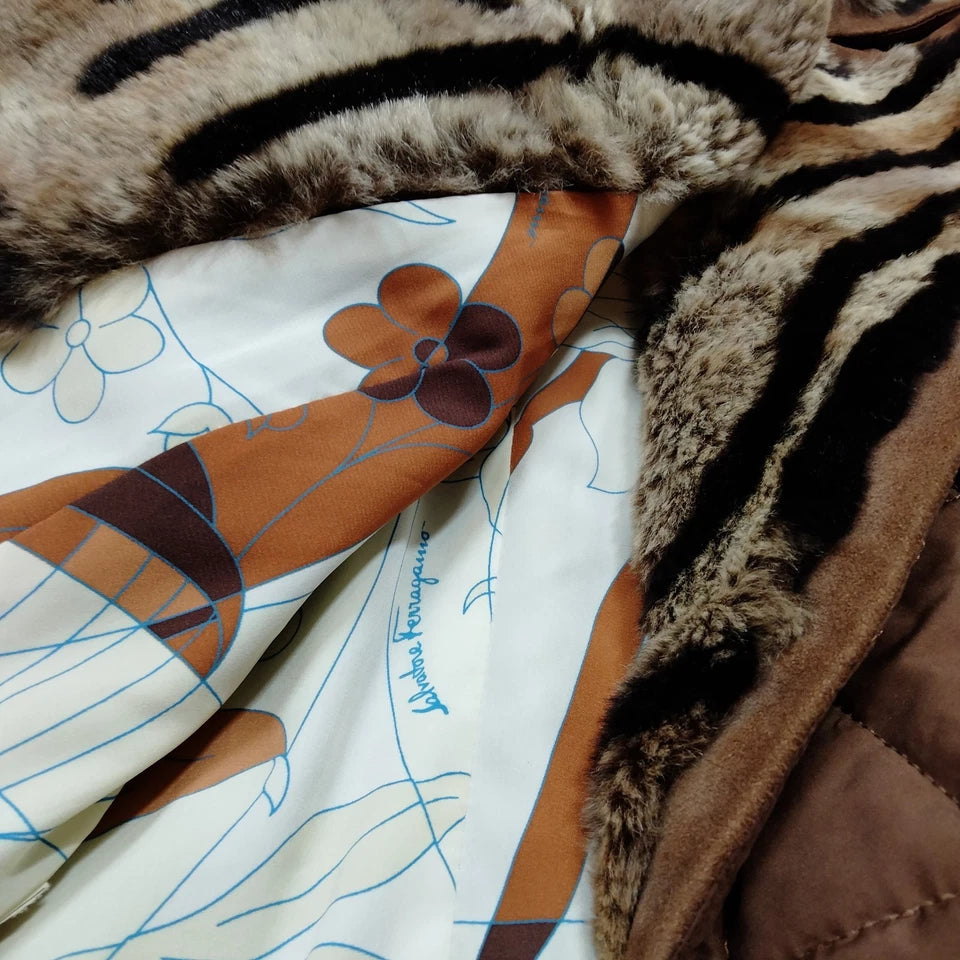 Ferragamo Italy. Fur Collar, PolyTech Brown/Burnt Sienna Color Tie Jacket