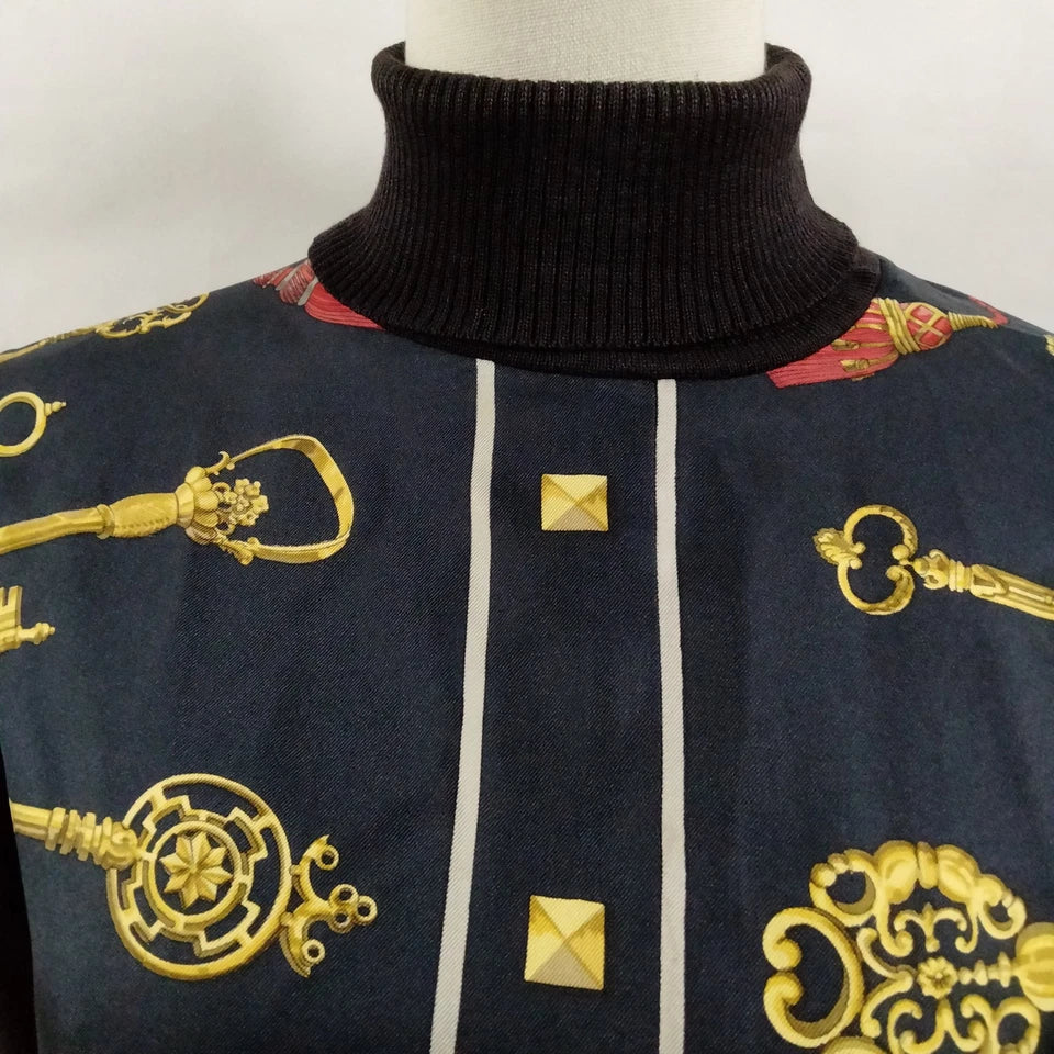 HERMES PARIS. Vintage Black/Navy Silk Scarf Print Top