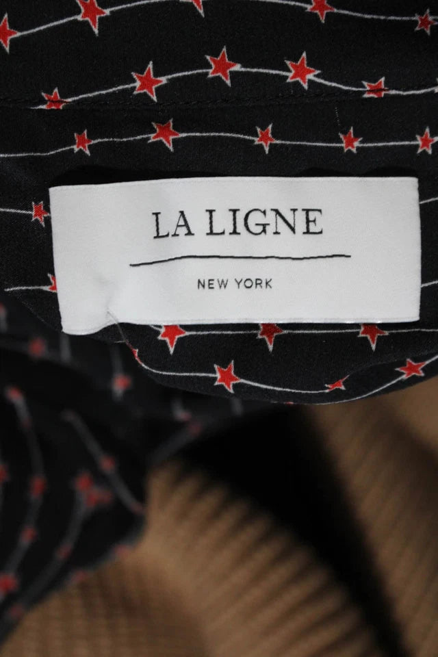 La Ligne NY. Black, Red Button Up Long Sleeve Collared Printed Shirt