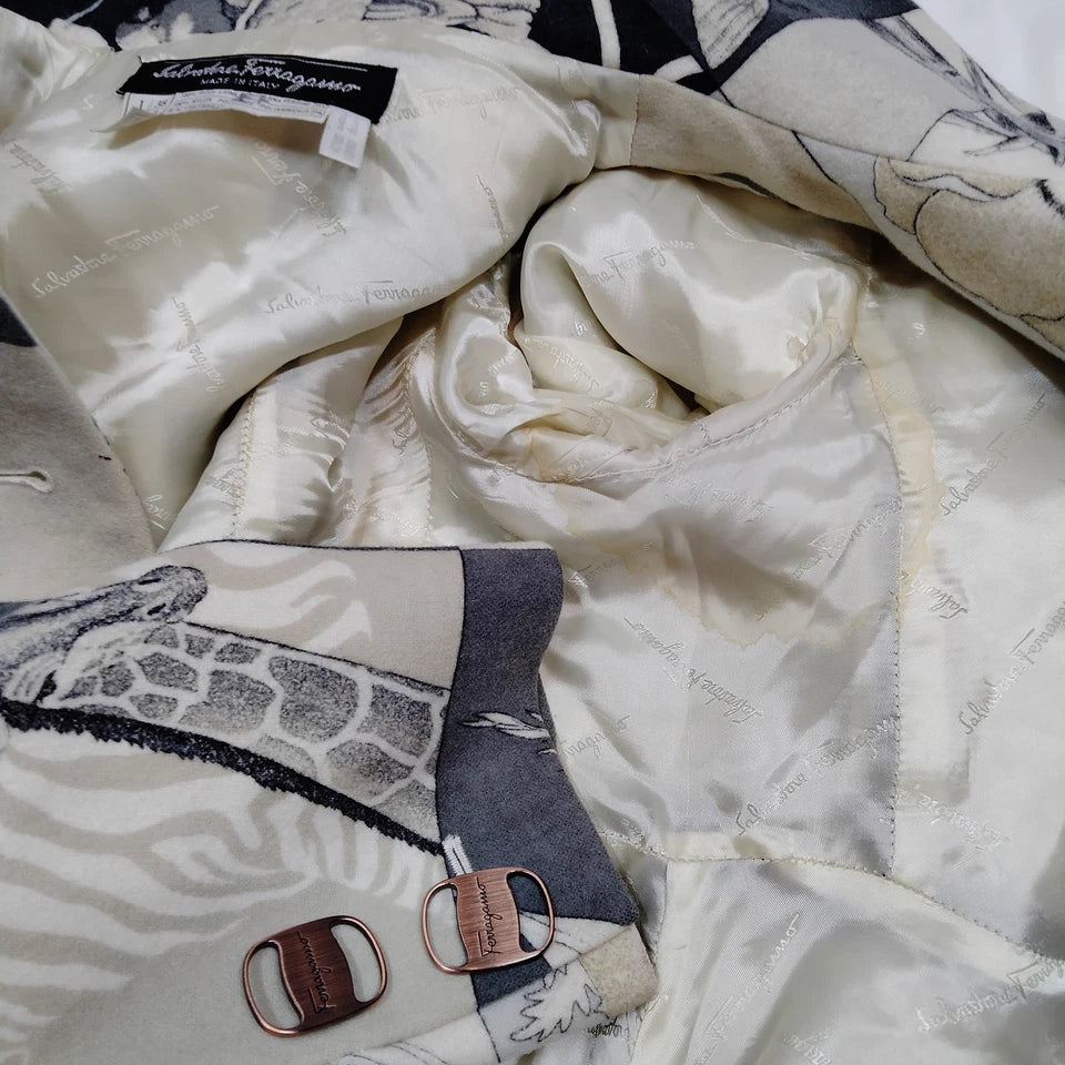 Ferragamo Italy. Multi Color Abstract Wool, Nylon Coat