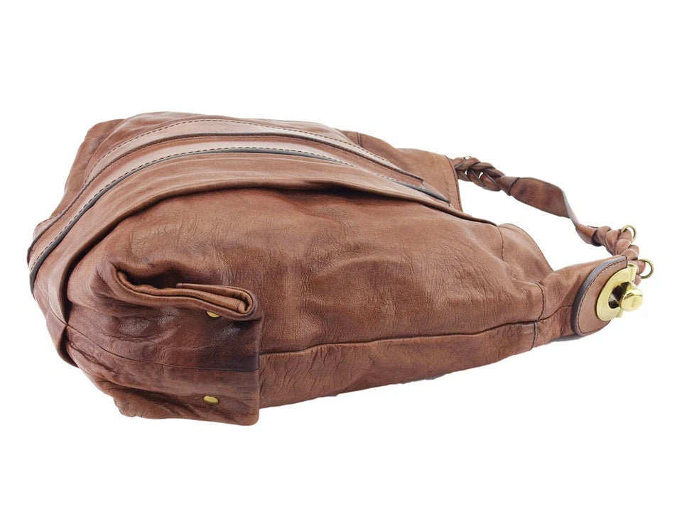 Chloe Paris. Brown Distressed Leather Large Shoulder Bag Goldplated Hardware