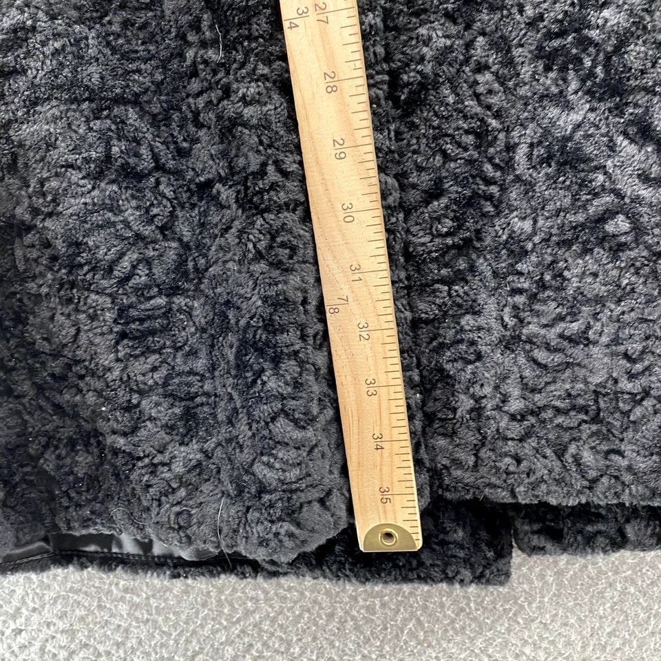 Vintage Faux Fur Coat Women's Medium Black Cinched Trench Academia Classic Chic