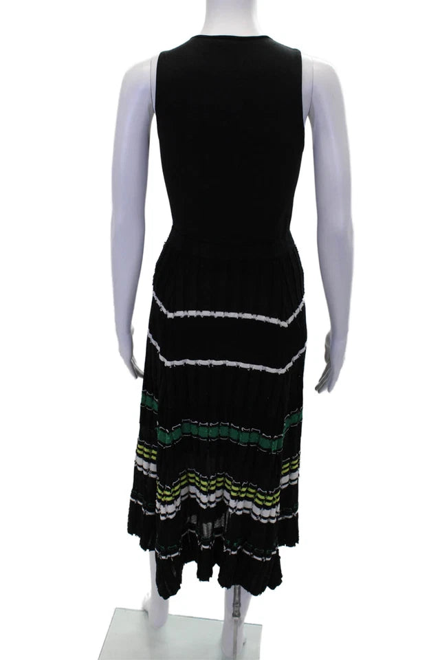 Proenza Schouler NY. Black Striped Print Ribbed Fit & Flare Dress