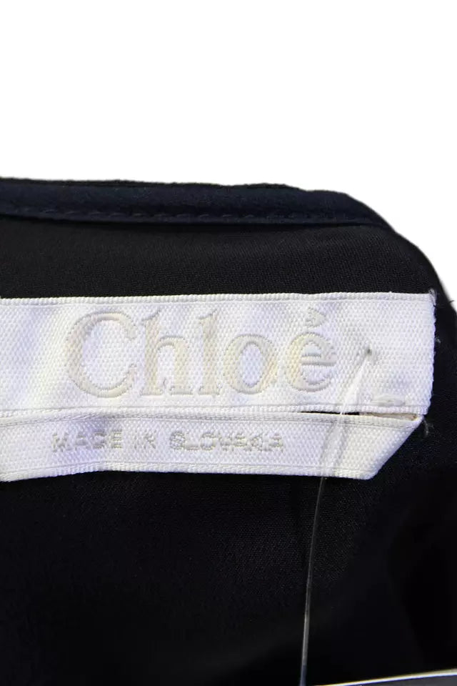 Chloe Paris. Midnight Blue Acetate Scoop Neck Long Sleeve Pockets Shift Dress