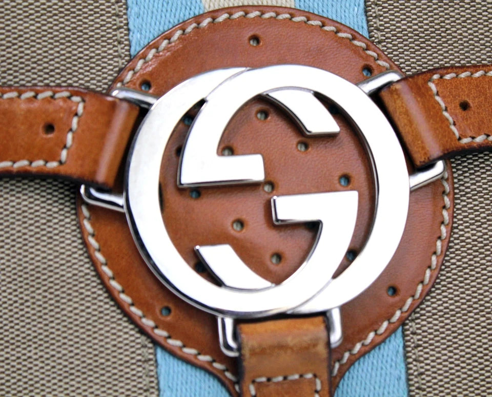 GUCCI ITALY. GG Logo Brown Leather Beige Canvas Shoulder Bag / Handbag