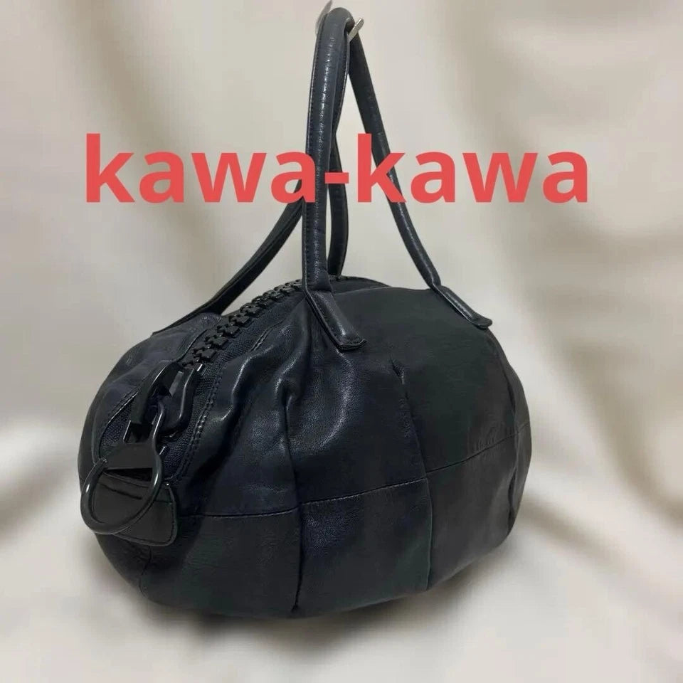 KAWA KAWA JAPAN. New. Black Leather Big Lucite Zipper Shoulder Bag / Tote bag