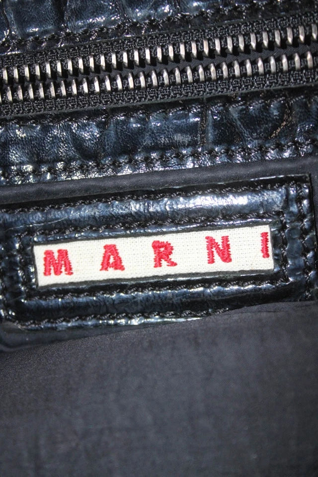 Marni Italy. Black Distressed Leather Silver Hardware Clutch Handbag