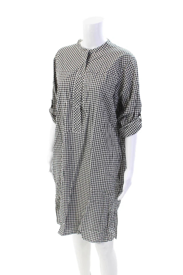 DONNA KARANA Pure DKNY. Cotton Gingham Crew Neck Long Sleeve Dress