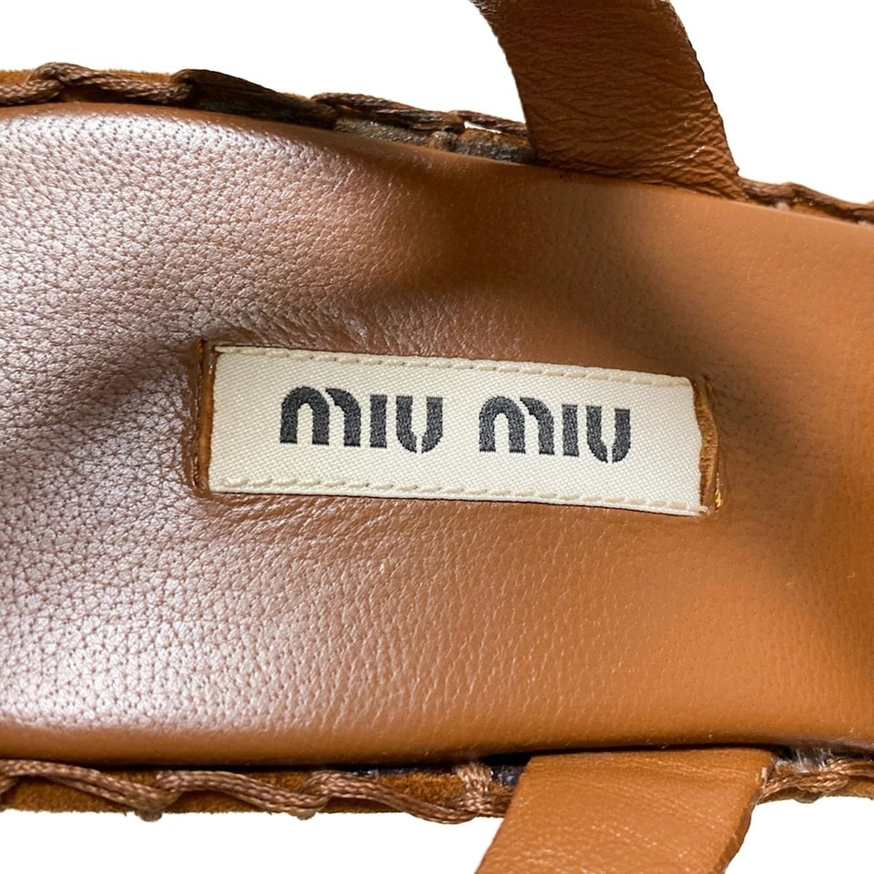 MIU MIU ITALY.  Dark Brown Light Brown Suede Leather Wood Platform Sandals SZ 37.5IT