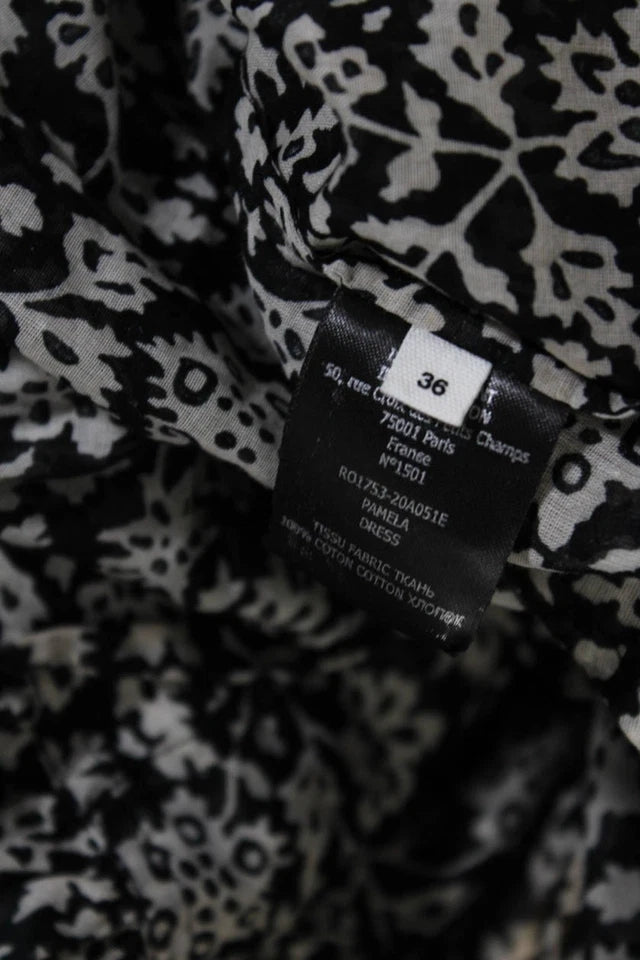 Isabel Marant Paris. Black Cotton Floral Ruffle V-neck Long Sleeve Wrap Dress