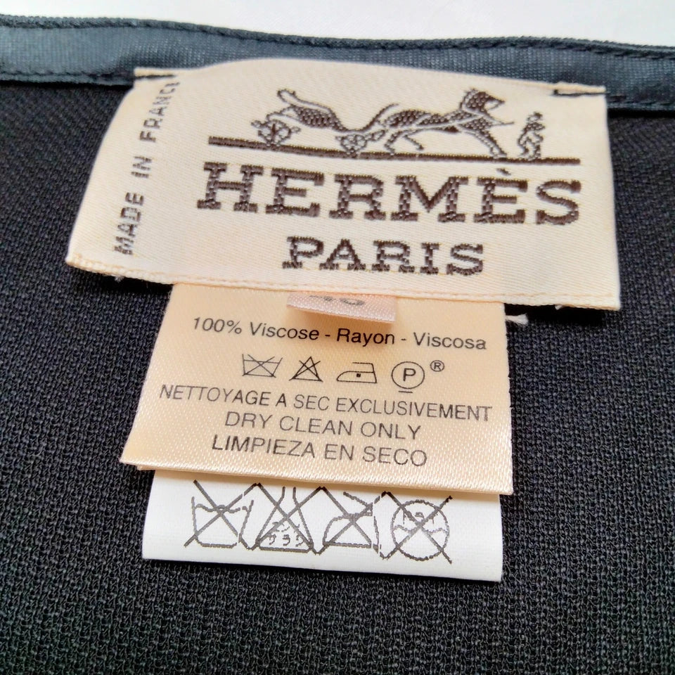 Hermes Paris. Black Rayon Dress with Sewn in Hermes Leather Belt