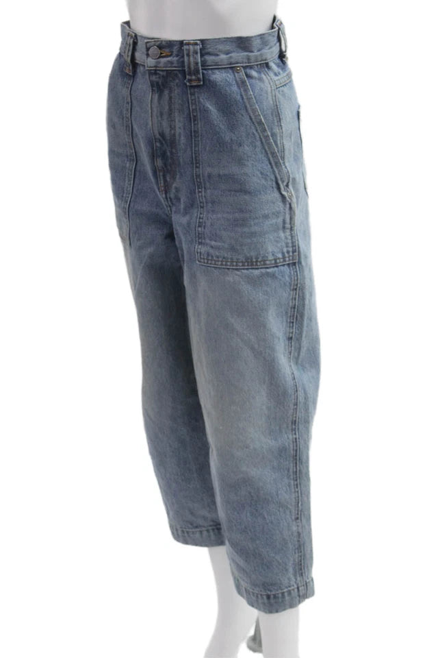 Khaite NY. Blue High Rise Button 100% Cotton Cropped Wide Leg Jeans