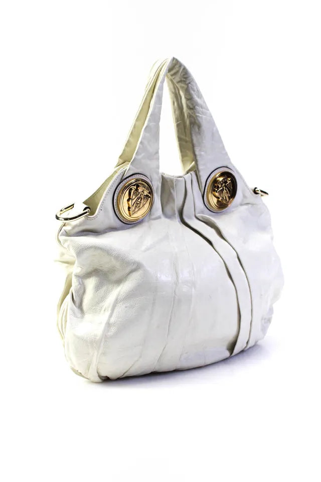 Gucci Italy. White Pleated Leather Goldplated Accent Top Handle Hobo Crossbody/Shoulderbag w/Strap