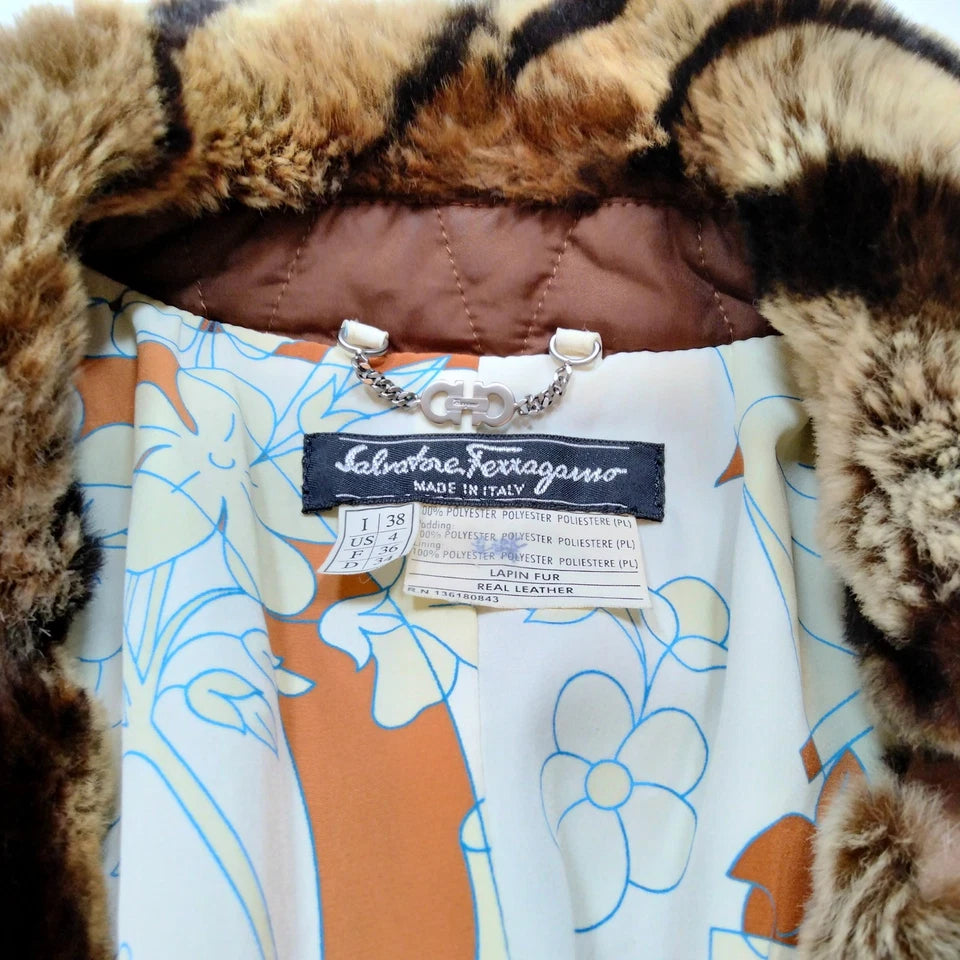 Ferragamo Italy. Fur Collar, PolyTech Brown/Burnt Sienna Color Tie Jacket
