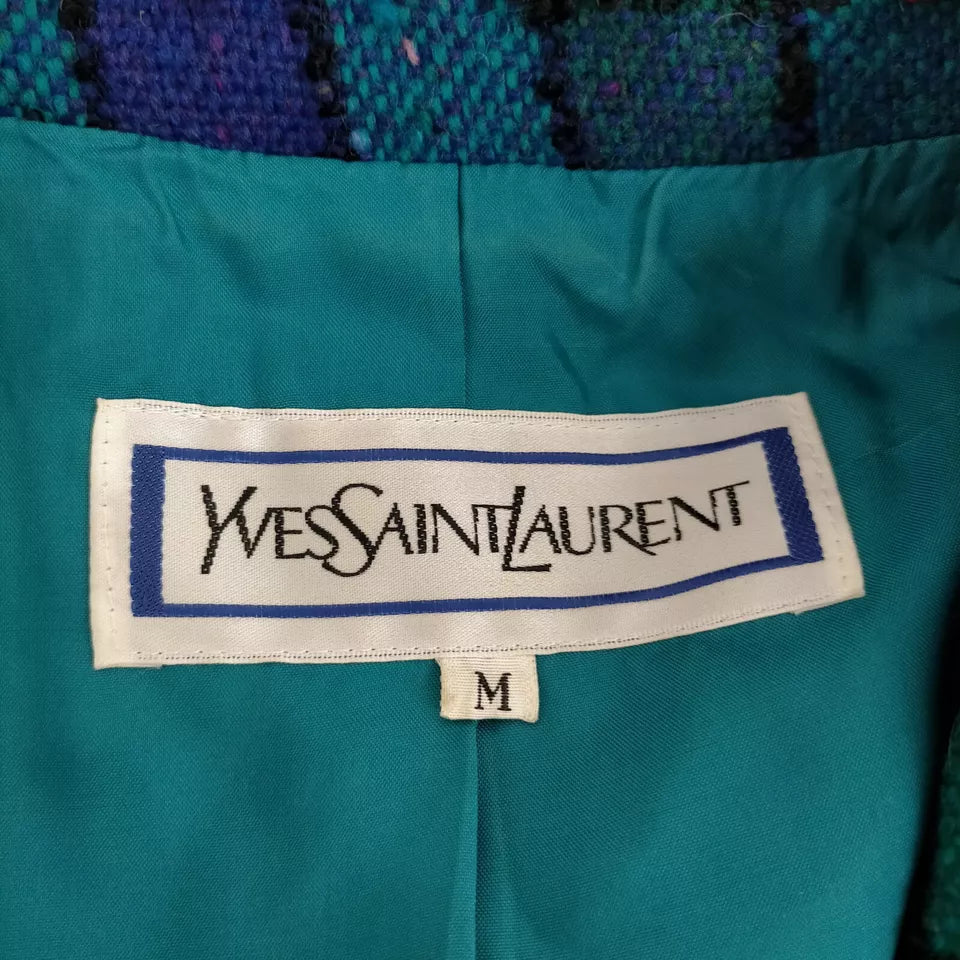 Yves Saint Laurent Paris. Blue Wool, Nylon, Cupro Plaid Jacket