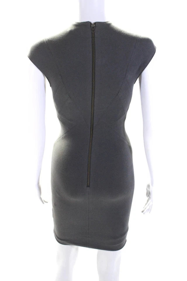Helmut Lang. Gray Cotton Darted V-Neck Zipped Midi Sheath Dress