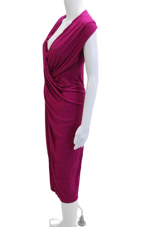 Donna Karan Collection NY. Pink Viscose/Rayon Wrap Dress Pink V Neck Long Dress