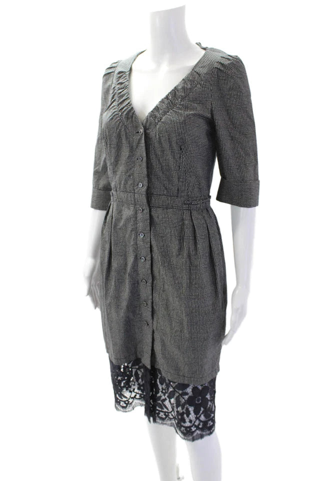 Nina Ricci Paris. Black Spotted Print V-Neck Knee Length Dress