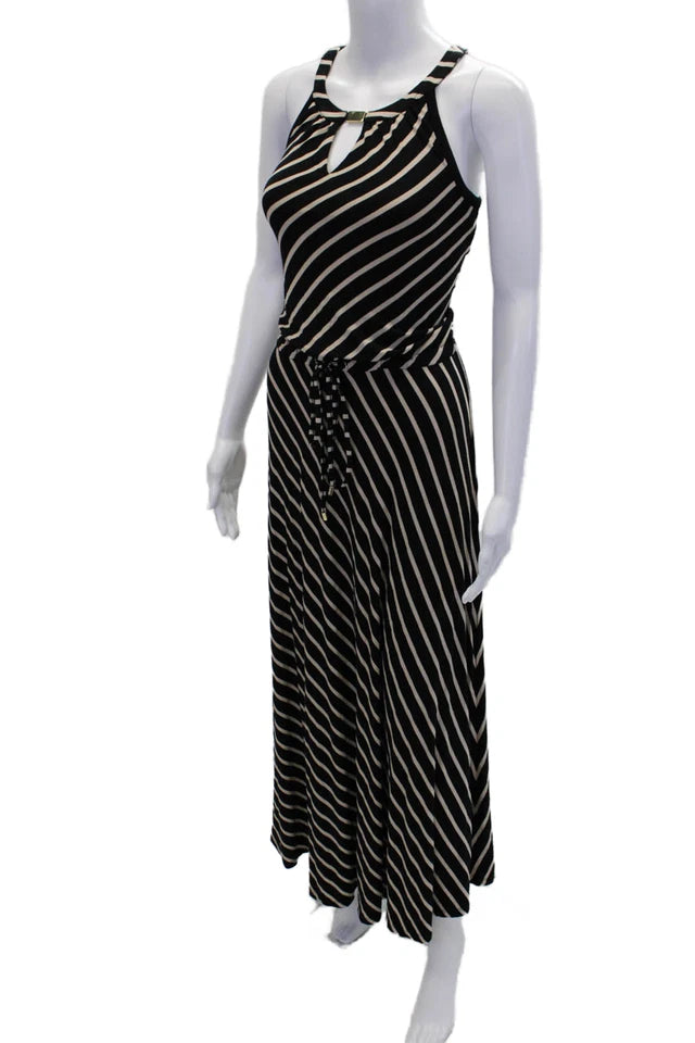 Calvin Klein NYC. Striped Sleeveless Maxi Dress Black Beige