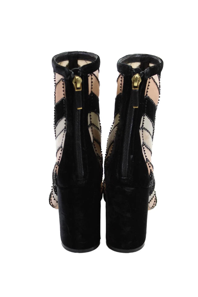 Christian Dior PARIS. Black Brown Block Heel Chevron Pattern Velvet Striped Beaded Boots Size 37