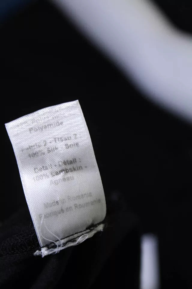 Joseph London Black Wool Blend V Neck Sheer Long Sleeve Leather Accent Pencil Dress