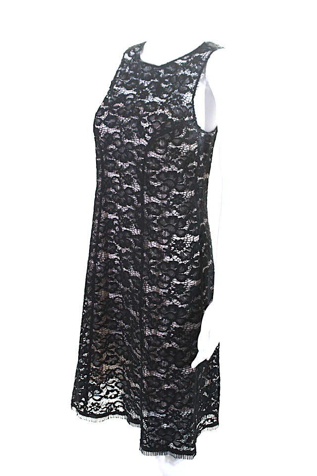 Nina Ricci Paris. Black/Neutral Lined Back Zip Sleeveless Lace Overlay Sheath Dress