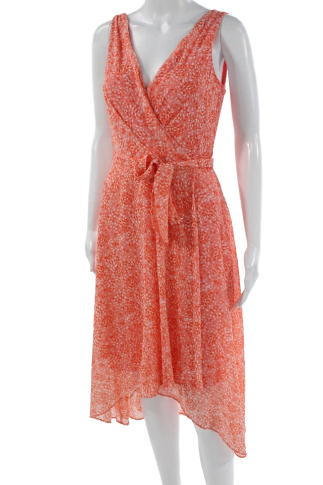 DONNA KARAN NY. DKNY. NEW. Orange Printed Wrap Dress Sleeveless V-Neck Tie Waist Dress