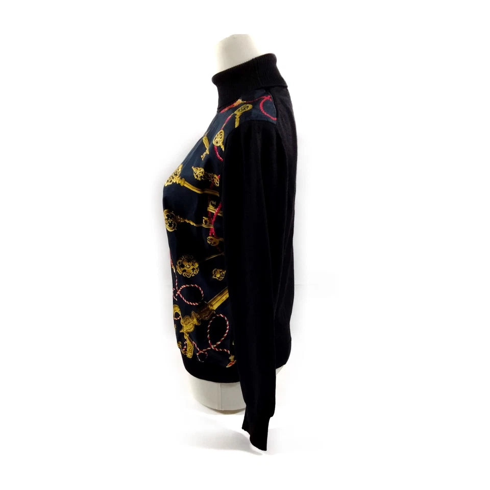 HERMES PARIS. Vintage Black/Navy Silk Scarf Print Top
