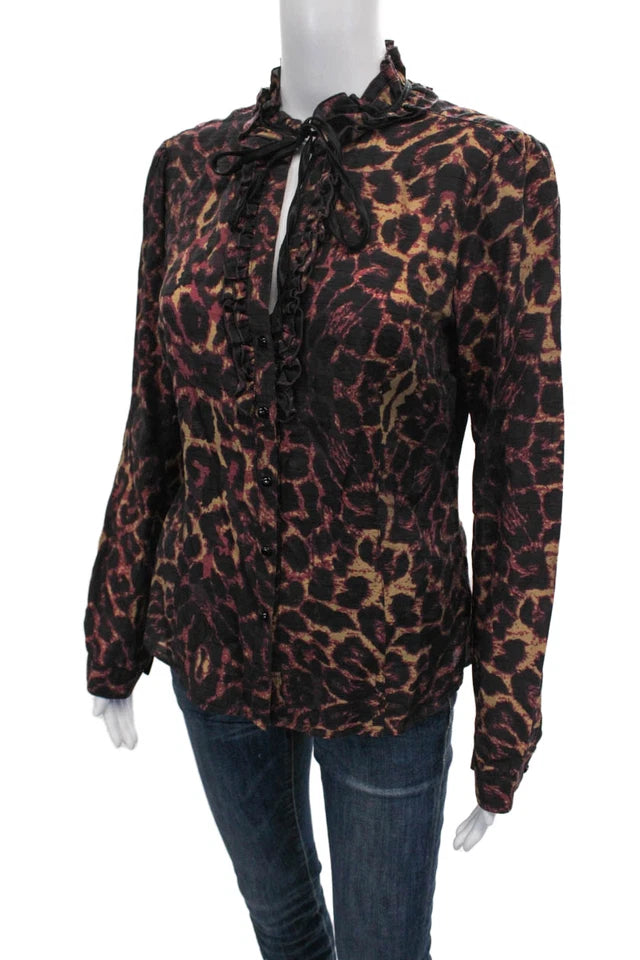 DONNA KARAN DKNY Jeans NY. Multi-Color Animal Print Collared Long Sleeve Blouse