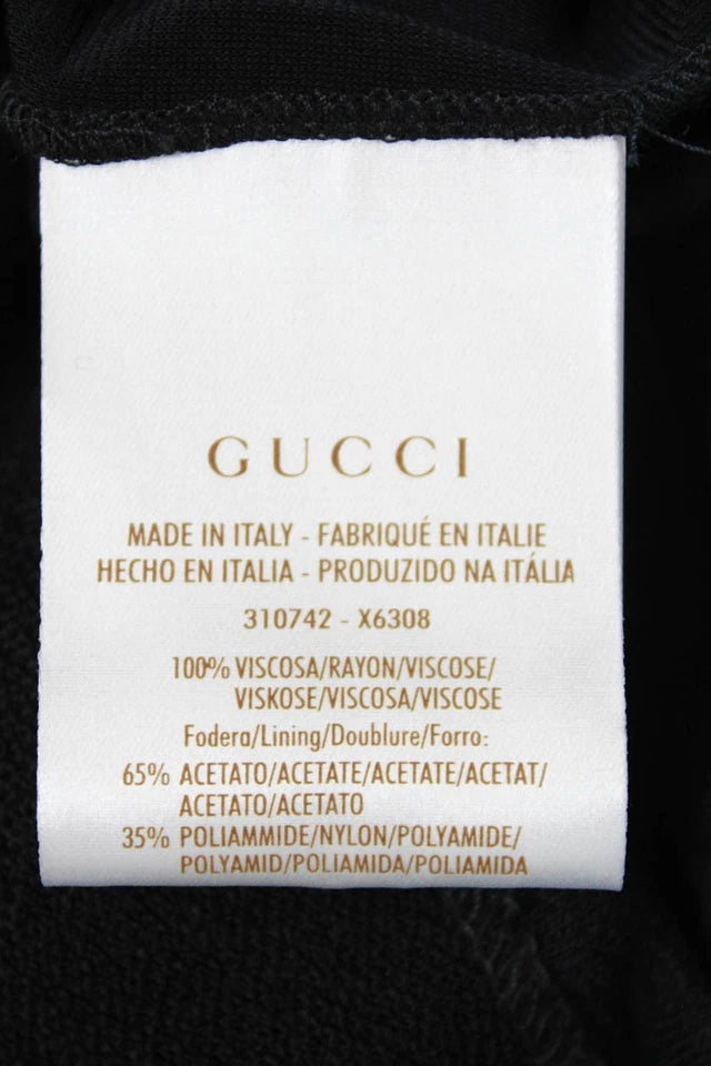 Gucci Italy. Black Viscose Crew Neck Embellished Waist Long Sleeve Dress