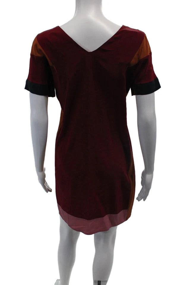 Miu Miu Italy. Red, Pink Silk Short Sleeve V Neck Silk Colorblock Dress