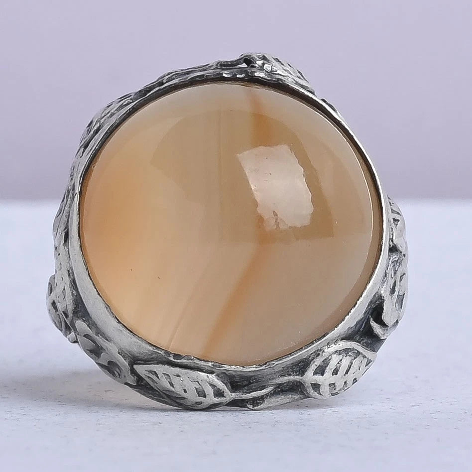 Chesterfield's London. Vintage Arts & Crafts (1930s) English Natural Domed Carnelian Leaf Sterling Silver s 7 Ring