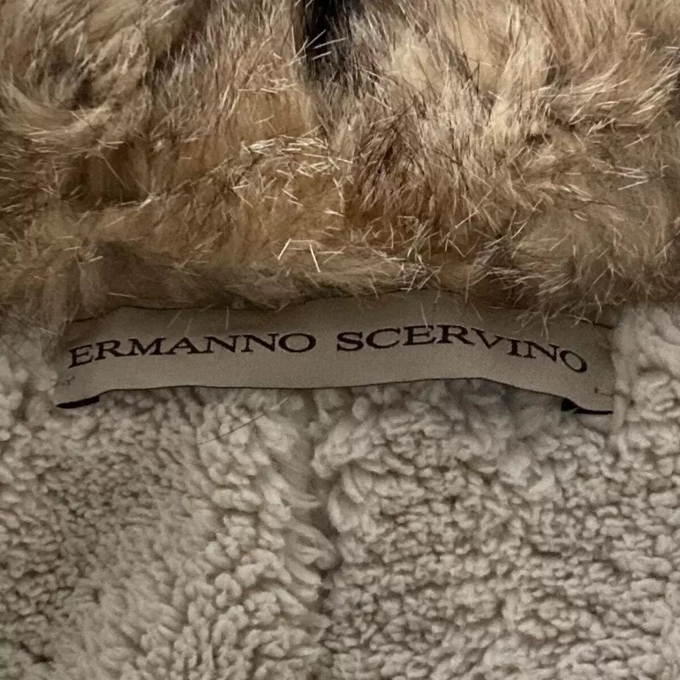 ERMANNO SCERVINO ITALY Vintage Beige Cotton, Polyurethane Coat Fur Trim