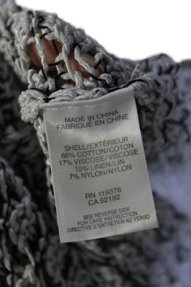 Helmut Lang White/Black Cotton Long Sleeve V Neck Open Knit Blouse