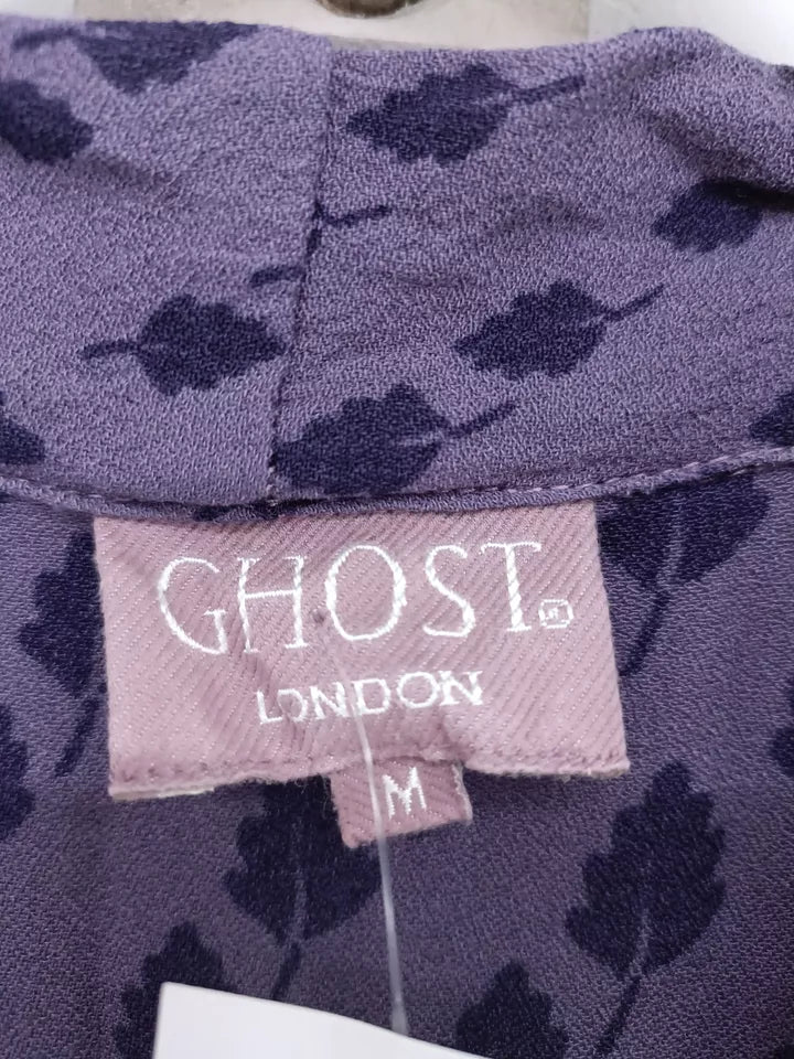 Ghost London UK. Tanya Sarne. Plum 100% Viscose Long Sleeve Midi V-Neck A-Line Midi Dress