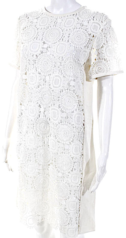 Chloe Paris. White Short Sleeve Crew Neck Lace Twill Shift Dress