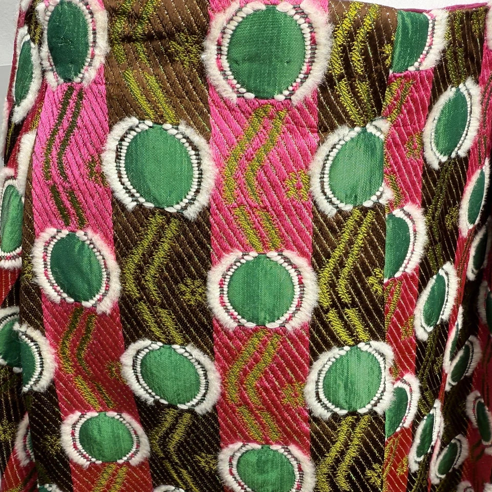 Marni Italy. Pink Green Jacquard Hemp Blend Tea length Pleated Skirt