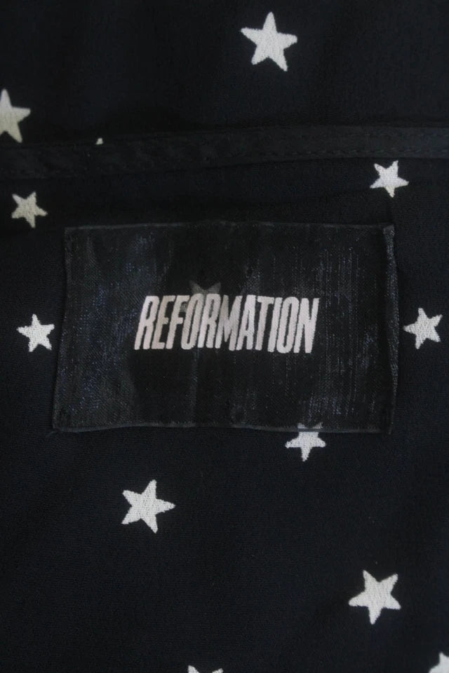 Reformation Black/White Viscose Stars Print Spaghetti Strap Dress