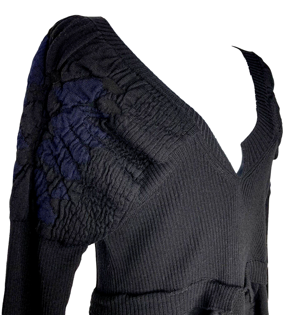 Marithe + Francois Girbaud France. Black Sweater Wool Long-Sleeve Fitted Dress